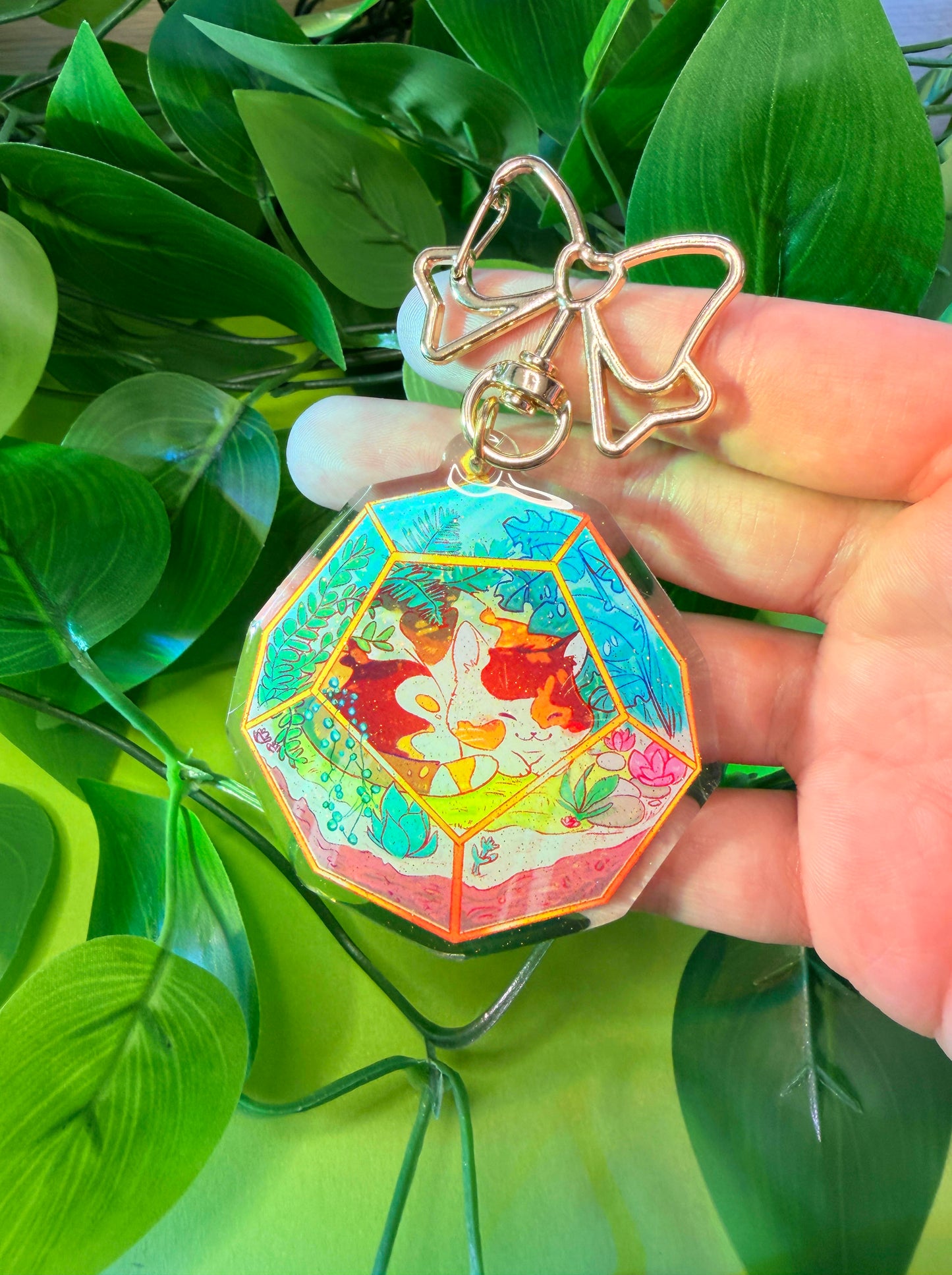 Kitty Terrarium Charm - 2.5" Acrylic Glitter Epoxy Keychain