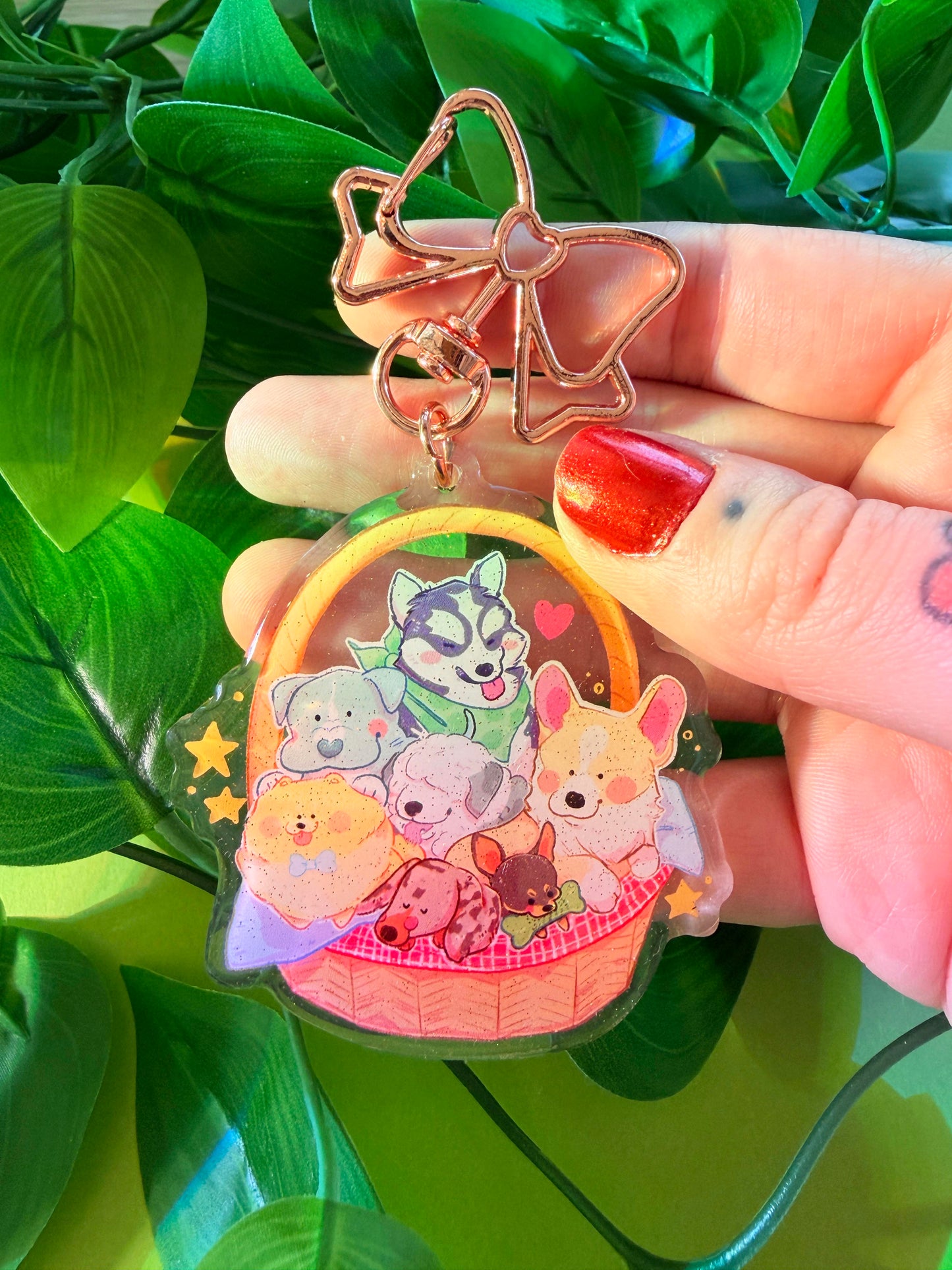 Puppy Basket Charm - 2.5" Acrylic Glitter Epoxy Keychain