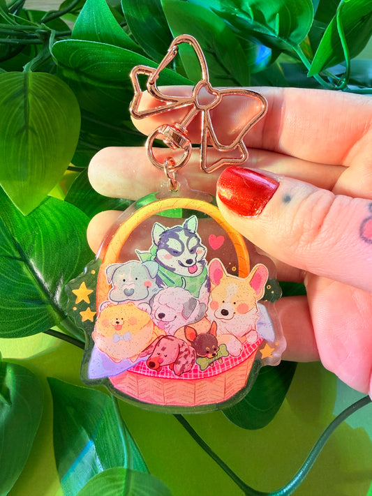 Puppy Basket Charm - 2.5" Acrylic Glitter Epoxy Keychain