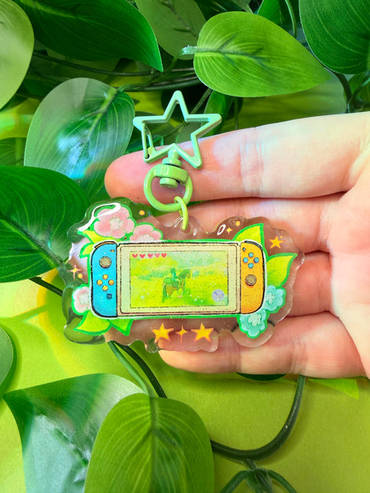 Handheld Game Console Charm - 2.5" Acrylic Glitter Epoxy Keychain